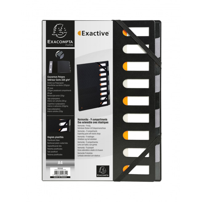 Trieur à soufflet et élastiques Exacompta HARMONIKA EXACTIVE - en plastique - 9 compartiments Trieur à soufflet et élastiques Exacompta HARMONIKA EXACTIVE - en plastique - 9 compartiments