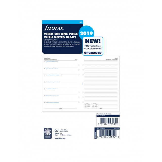Filofax organizer navulling - 1 week per pagina + notitiepagina