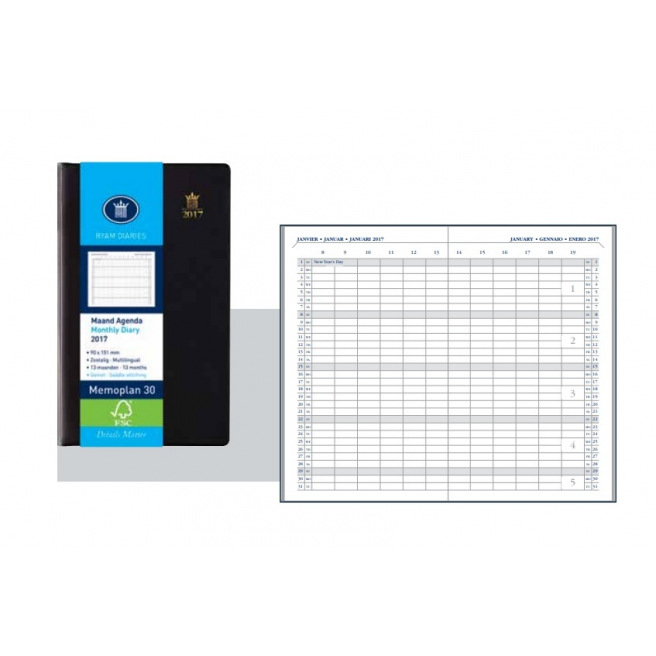 Agenda Ryam MEMOPLAN 30 - 9 x 15 cm - 1 mois sur 2 pages