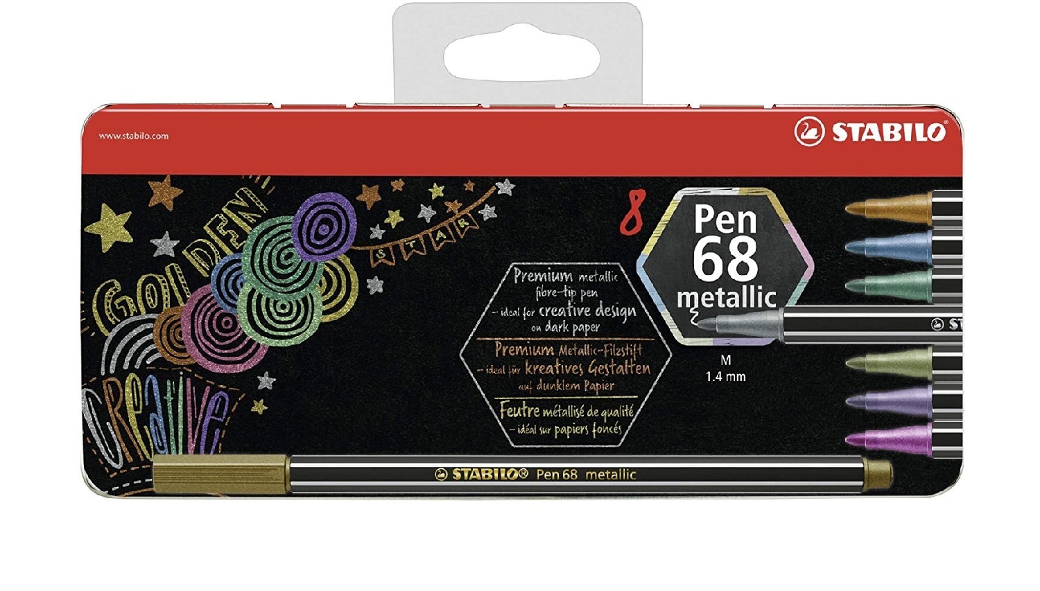 Feutre métallisé- STABILO Pen 68 metallic- Boîte métal 8 feutres pointe  moyenne- Coloris assortis (avec attache)