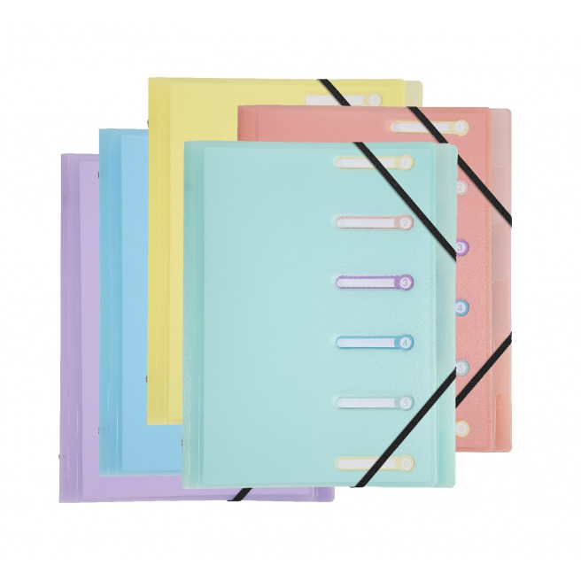 Sorteerder met 3 kleppen en elastieken Exacompta CHROMALINE PASTEL van plastic - 6 compartimenten