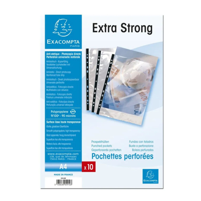 Pochettes perforées lisses A4 - qualité intermédiaire - sachet de 100 Pochettes perforées lisses A4 - qualité intermédiaire - sachet de 100