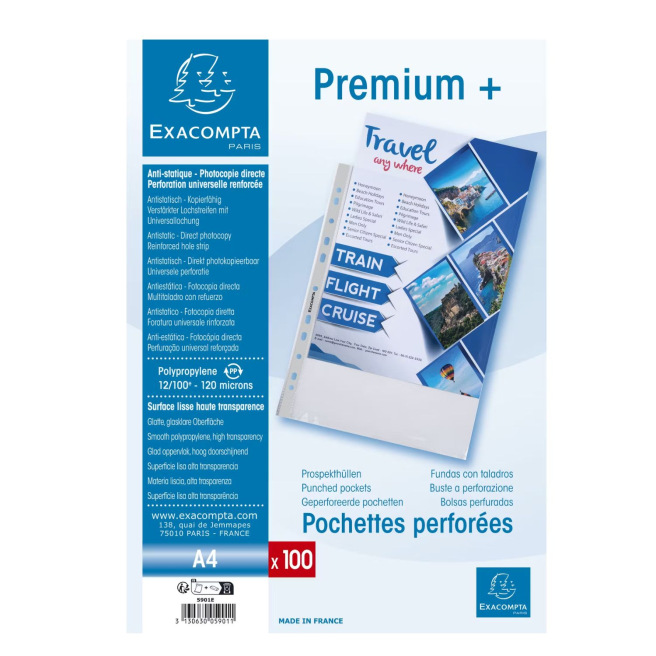 Pochettes perforées lisses A4 - qualité intermédiaire - sachet de 100 Pochettes perforées lisses A4 - qualité intermédiaire - sachet de 100