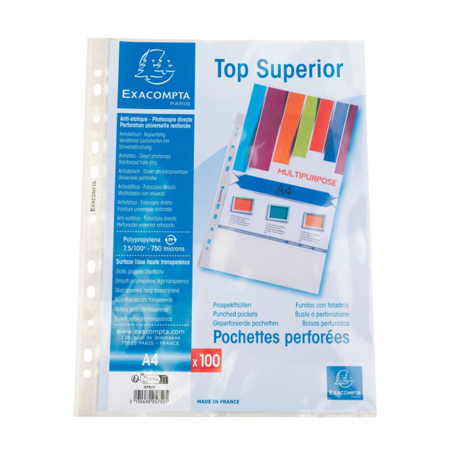 Exacompta pochettes perforées, 100 pièces, A4, 90 µm, lisse