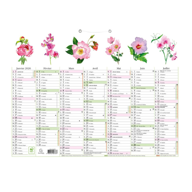 Calendrier planning Exacompta FLEURS - 29,5 x 22 cm - 6 mois par face