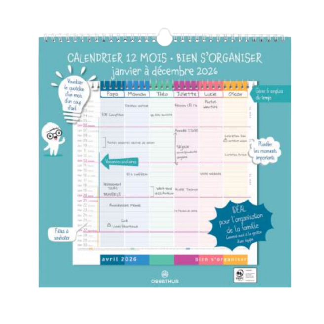 Calendrier Oberthur mural mensuel BIEN S'ORGANISER - 30 x 30 cm