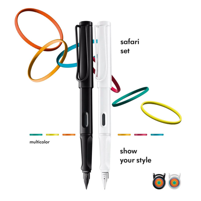 Set Lamy SAFARI stylo-plume All White + stylo-plume All Black + bagues de couleur