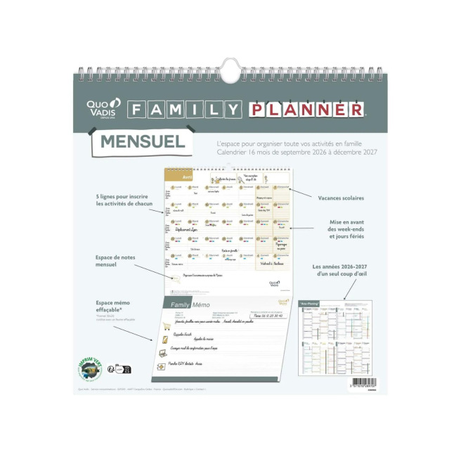 Calendrier scolaire Quo Vadis FAMILY PLANNER - mensuel sur 16 mois - 30 x 30 cm