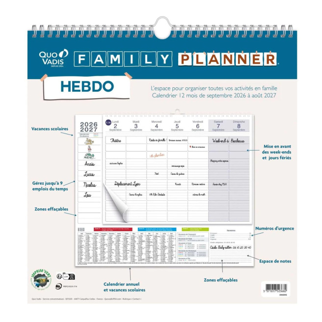 Quo Vadis FAMILY PLANNER HEBDO schoolkalender  - wekelijks - 16 maanden - 30 x 30 cm