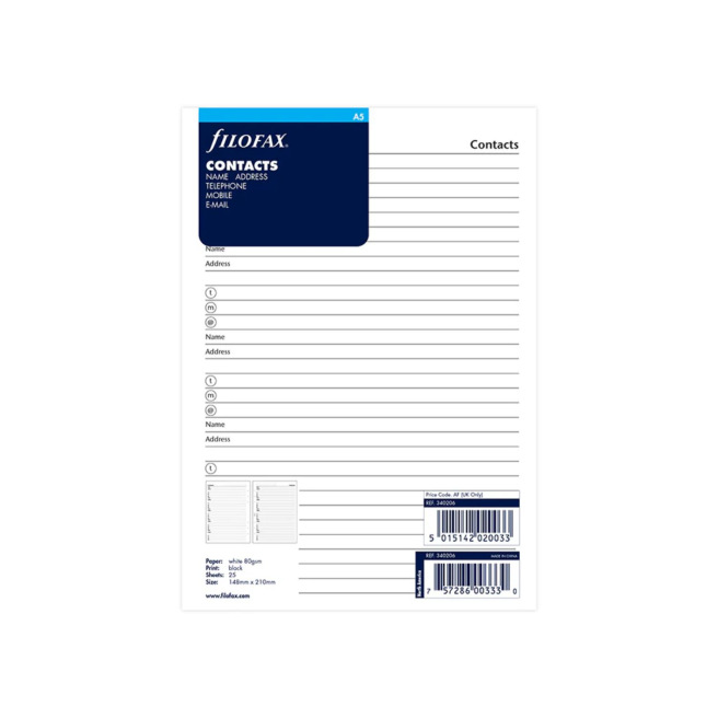 Recharge pour organiser Filofax CONTACTS