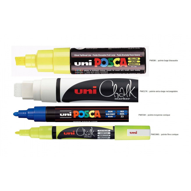 UNI CHALK - Pack de 4 marqueurs craie - pointe moyenne conique - coloris  assortis (blanc, rouge, vert, doré) Pas Cher