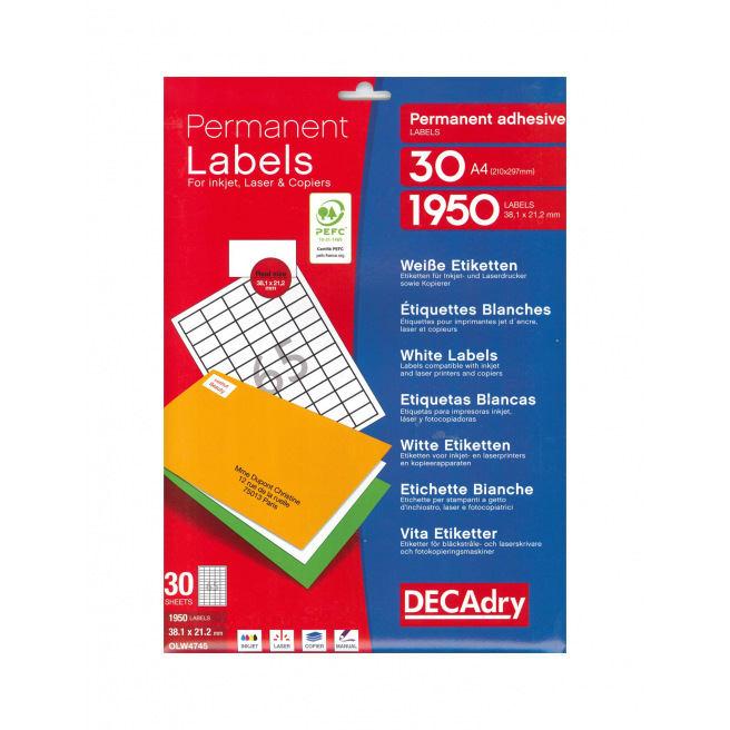 Planche étiquettes autocollantes sur feuille A4 : 63,5 x 33,9 mm (24  étiquettes)