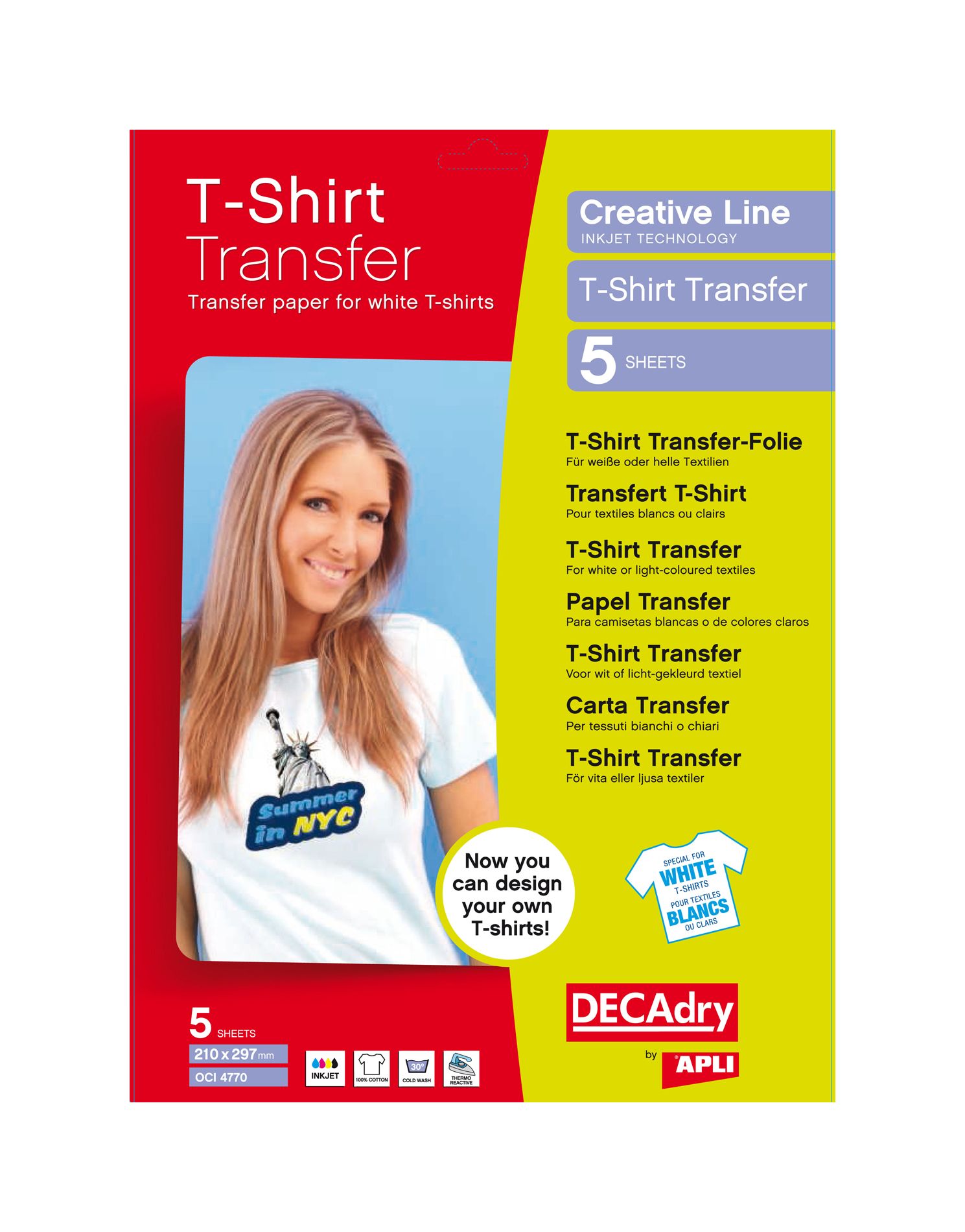 Papier Transfert pour T-shirts DECADRY - paquet de 5 feuilles A4