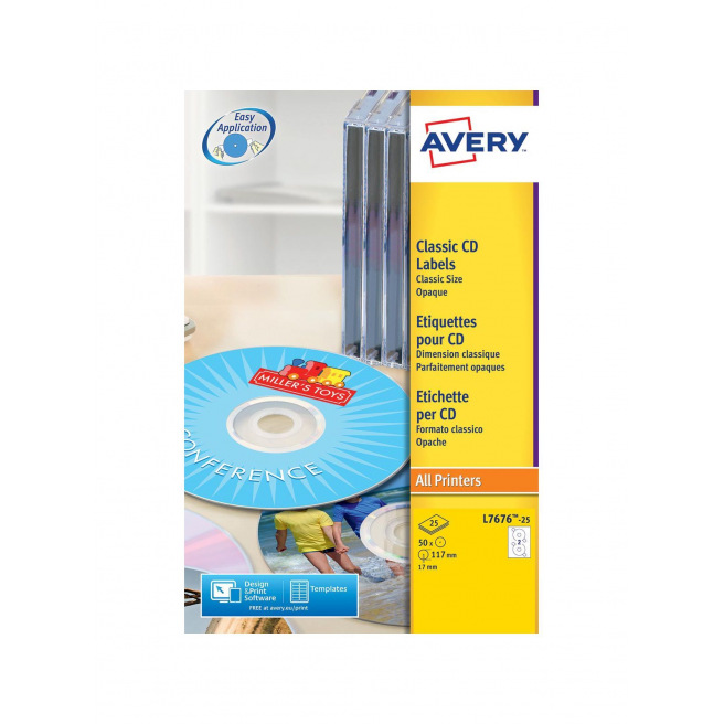 Etiquettes blanches AVERY pour CD/DVD L7676-25 - paquet de 25 feuilles A4